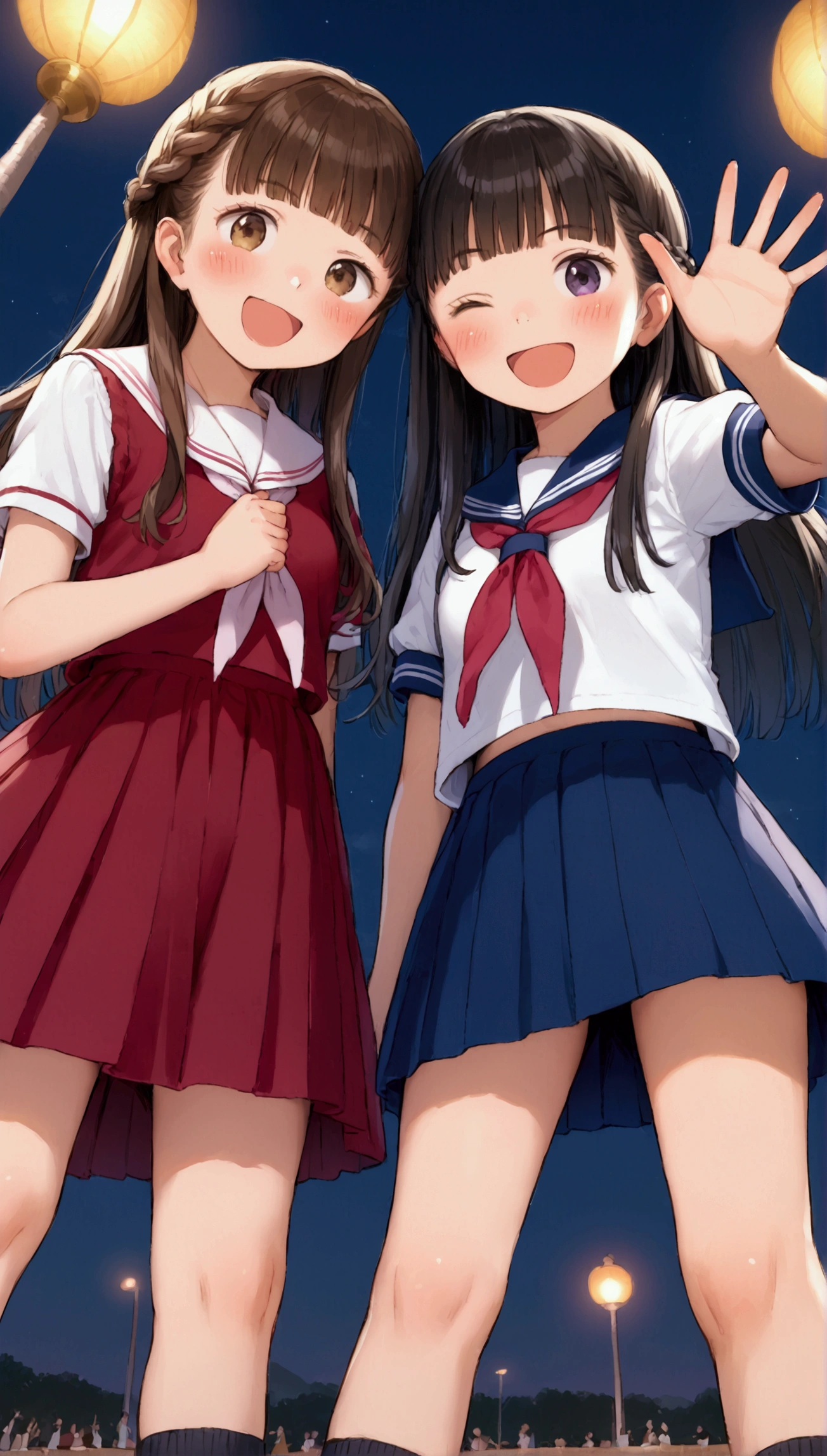 {Highest quality}, {Super beautiful},{Ultra fine},{Best illustration},Brown Hair,Hime cut,long hair,Braid,One woman,Standing Woman,Strike a pose,Adult women,smile,Excited face,Wink,Sailor suit,Short sleeve,skirt,Night Festival,Blushing,Slender,Black knee-high socks,Black Loafers,From an angle,From below,Spread your legs,Waving with both hands