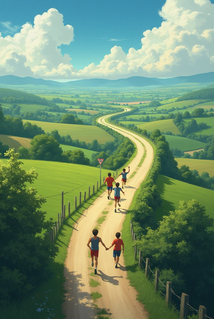 Long lane and boys running upper view from height of cloud 
