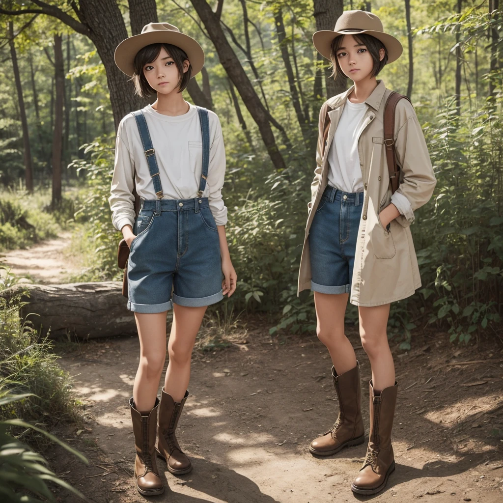 "A teenage girl with a youthful, boyish appearance. She is around 150 cm tall, with a short, tousled hairstyle that frames her face. Her facial features are more androgynous, with a small, flat chest and a  build. She is wearing casual, rustic clothing: a simple shirt tucked into high-waisted shorts, and rugged, practical boots. Her outfit is practical and reminiscent of a country boy's attire, suited for outdoor adventures. The overall look should convey a bright, active personality with a touch of innocence."