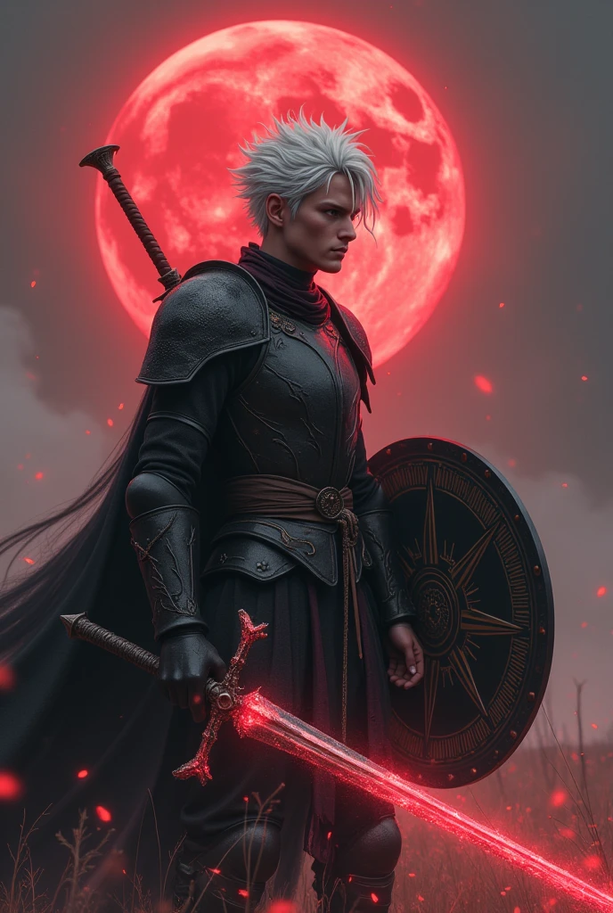 Tall young man, with no beard, with white and spiky hair, with silver iris of the eyes, in a field with a reddish full moon, wearing a black medieval Brunea with a black sun on the chest, with a large circular shield adorned with a black sun and emanating a magical aura, using a long sword fighting fighting a lich