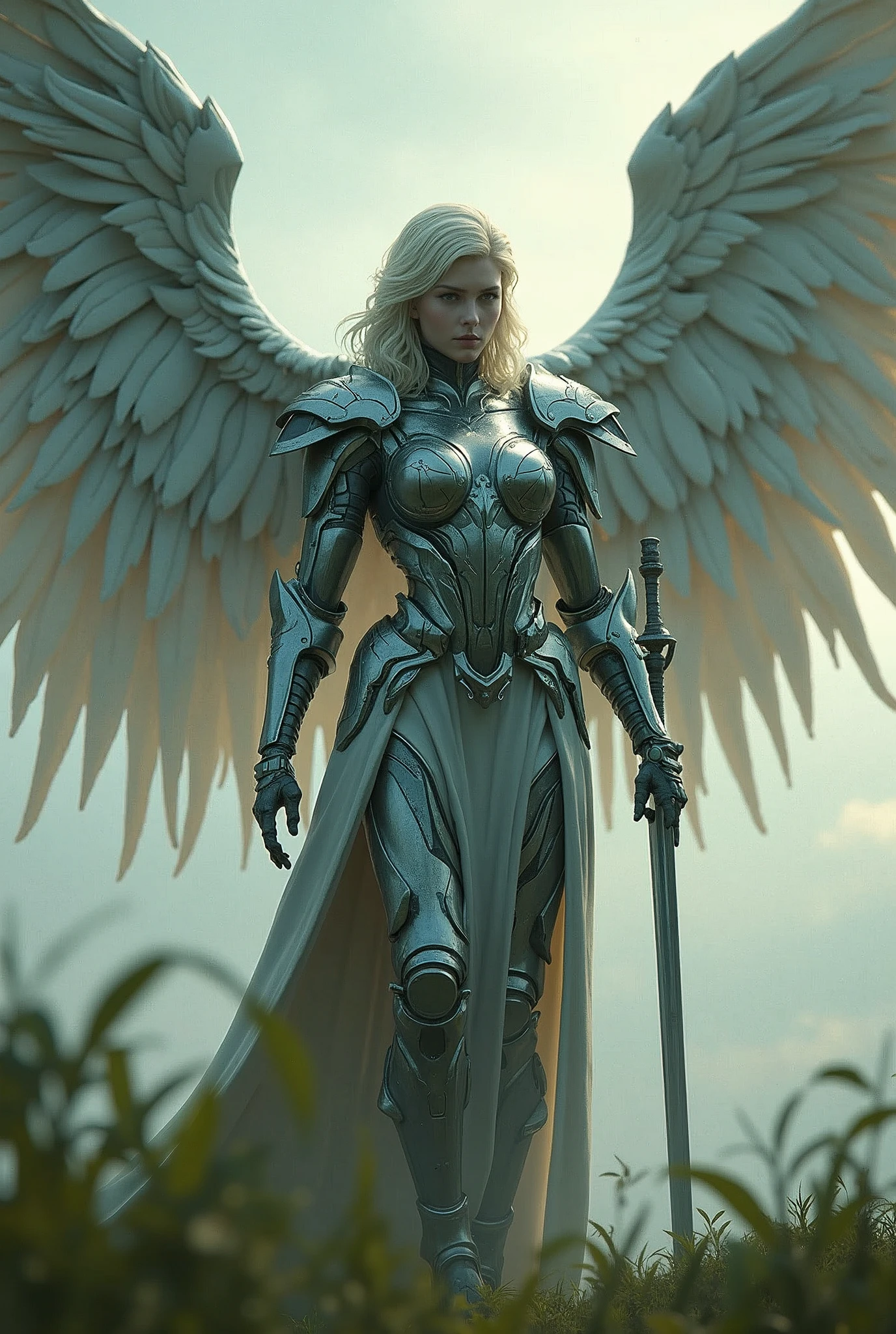 REAL - style image of a woman with a sword in a field, cyberpunk art inspired by Leng Mei, cgsociety contest winner, fantasy art, beautiful cyborg angel girl, angel knight girl, as a mystical valkyrie, battle angel, angel in plastic armor, mechanized valkyrie girl, unreal engine 4k wallpaper, wraith from apex legends, epic angel wings