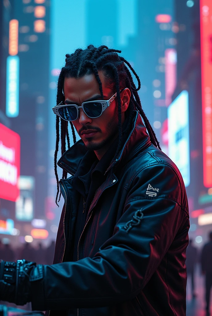Futuristic cyberpunk male DJ with dreadlocks and glasses 