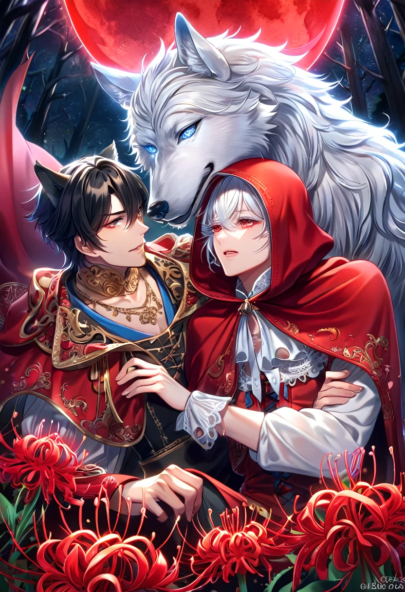 absurdres, highres, ultra detailed, HDR, master piece, best quality, extremely detailed face, delicated features, black hair, expressive red eyes, white hair, expressive blue eyes, white eyelashes, two sexy men together, yaoi, gay couple, handsome, The Red Riding Hood And The Wolf, red hooded cape, wolf ears, fantasy clothes, accessories, fantasy, magical, red moon, starry sky, red petals, red spider lilies, red trees, forest