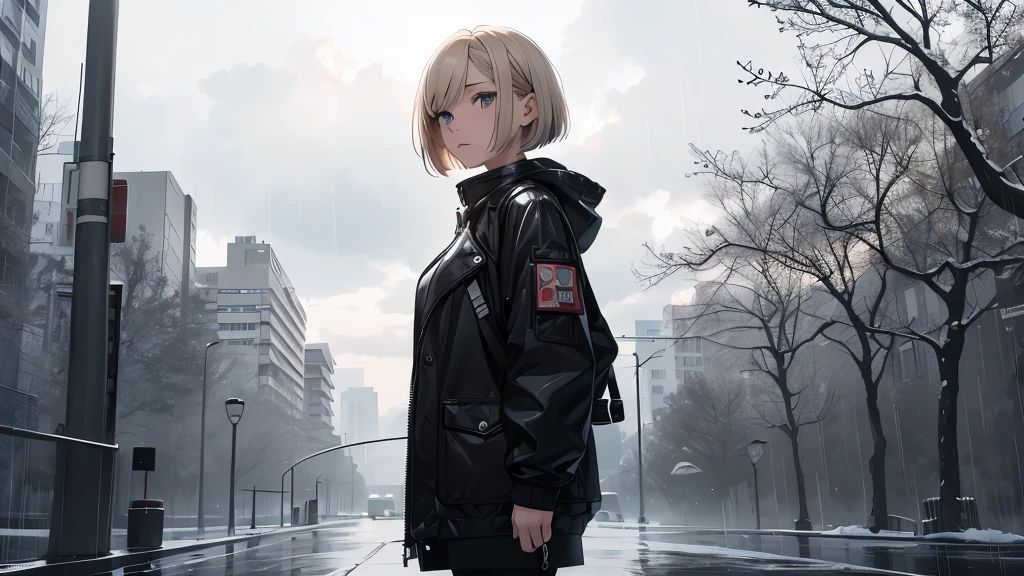 ((20-year-old woman,Short blonde bob hair,She is walking through an huge park in the Uneasy atmosphere world)),There is no one in the park,((Sky in the clouds,In a monochrome world,Atmosphere in the rain)),There's a faceless monster in the park,Uneasy atmosphere.