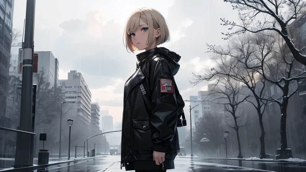 ((20-year-old woman,Short blonde bob hair,She is walking through an huge park in the Uneasy atmosphere world)),There is no one in the park,((Sky in the clouds,In a monochrome world,Atmosphere in the rain)),There's a faceless monster in the park,Uneasy atmosphere.