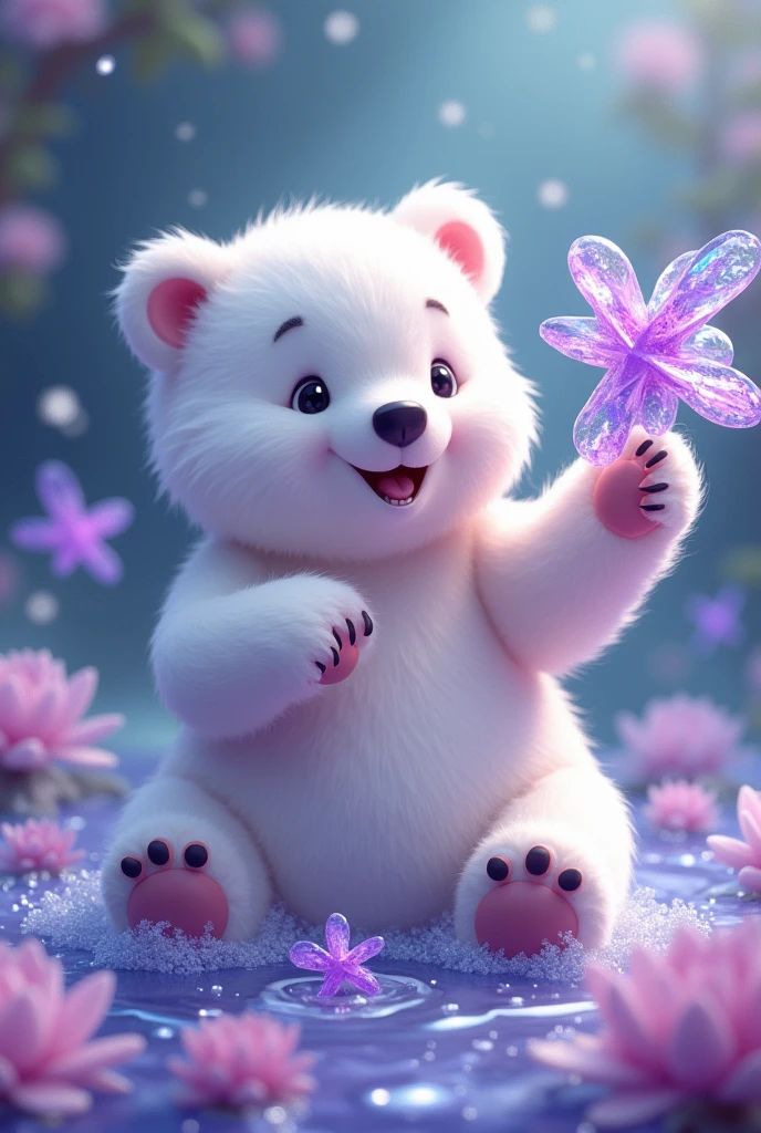 White purple bear plays a game of water spinners