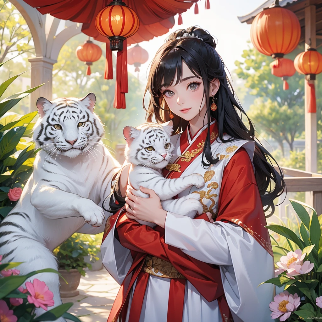 masterpiece, best quality, <lora:hanfu:1>,hanfukozue, 1girl, tiger, paintbrush, long hair, double bun, hair bun, holding paintbrush, holding brush, chinese clothes, hanfu, calligraphy brush, bangs, solo, year of the tiger, black hair, white tiger, jewelry, long sleeves, holding, sitting, yellow eyes, bow, necklace, hair ornament, wide sleeves, red bow, blunt bangs, fur trim, closed mouth, ribbon, dress, shawl, tassel, animal print, red ribbon, animal, very long hair, hand up, ink, bowtie, coat, hair ribbon, chinese zodiac, scroll, looking at viewer, hair flower, sidelocks, earrings, brown hair, flower, one eye closed, blush, pink dress