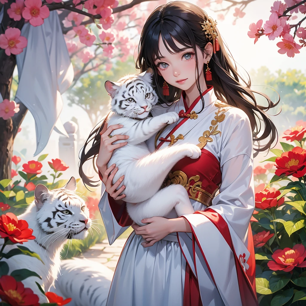 a handsome young man with good face and gentle face, wearing a white ancient Chinese costume, riding  a white tiger, hugging his adorable Chibi baby girl 1 year old, who is 1 year old with black hair in a red Chinese new year costume, int he morning, there is sunlight shining in the front yard garden , smiling.
