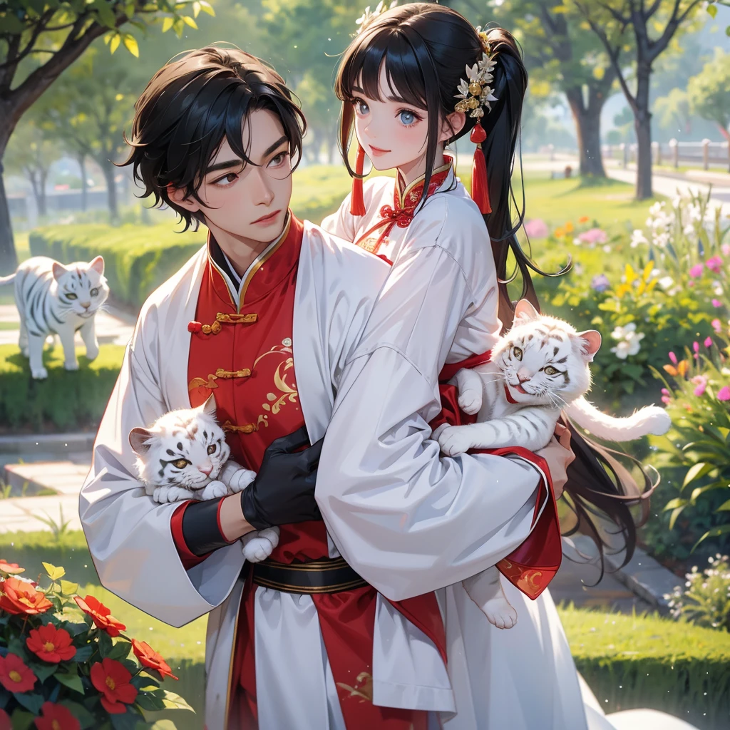 a handsome young man with good face and gentle face, wearing a white ancient Chinese costume, riding  a white tiger, hugging his adorable Chibi baby girl 1 year old, who is 1 year old with black hair in a red Chinese new year costume, int he morning, there is sunlight shining in the front yard garden , smiling.