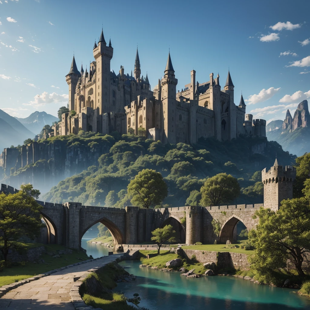 A walled medieval city in a plain, towering mountains behind the city, lush forests on the sides, a massive stone gate with a grand bridge in front, a serene lake on one side, detailed medieval stone houses, a magnificent castle with turrets in the center, (best quality,4k,8k,highres,masterpiece:1.2),ultra-detailed,(realistic,photorealistic,photo-realistic:1.37),detailed architecture,intricate stone carvings,dramatic lighting,vibrant colors,cinematic composition,sweeping landscape