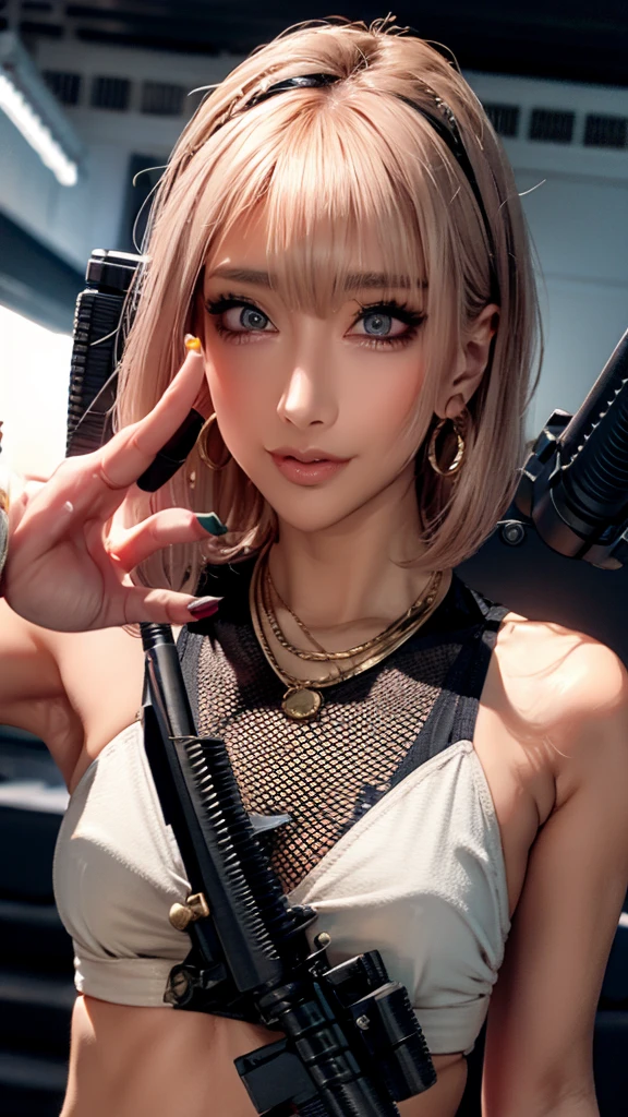 (Highest quality), Realistic, (live-action),(Short Hair,Sharp bangs)Highest quality,Highest quality,8k images,Pink Hair,High heels,Small face,((Big Breasts))Leg spread、1 gun,(((Point the tip of your gun towards the camera:1.6))),Highest quality32K