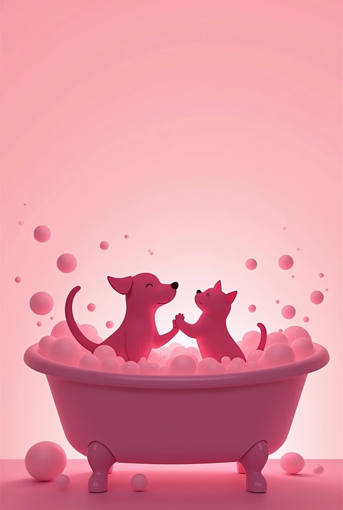 silhouette of dog and cat playing in a minimalist bathtub, full of bubbles, PINK COLOR