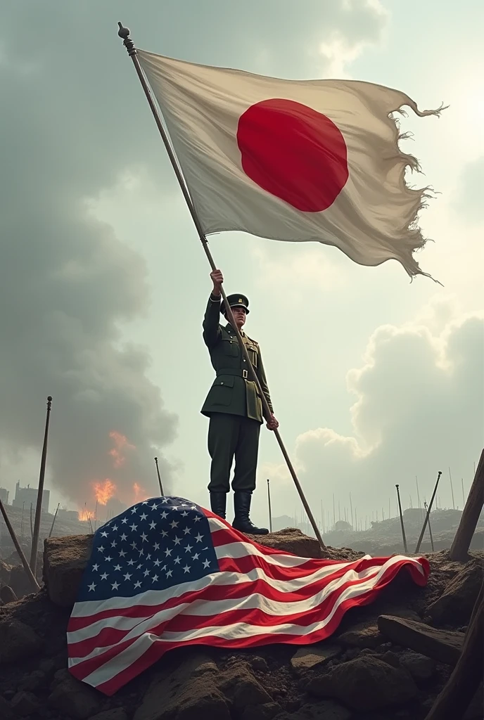 A Japanese Army lieutenant raises the Imperial Japanese flag over a fallen American flag