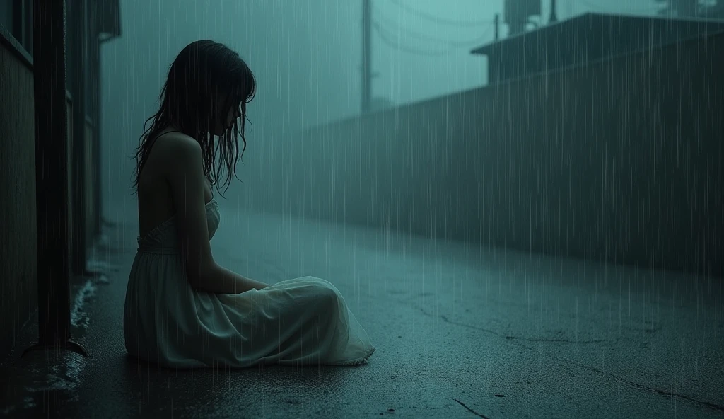 A sad girl drenching in heavy rain sitting alone wearing a dress