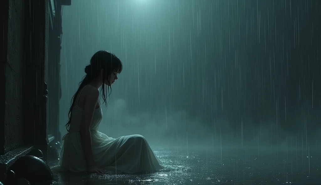 A sad girl drenching in heavy rain sitting alone wearing a dress