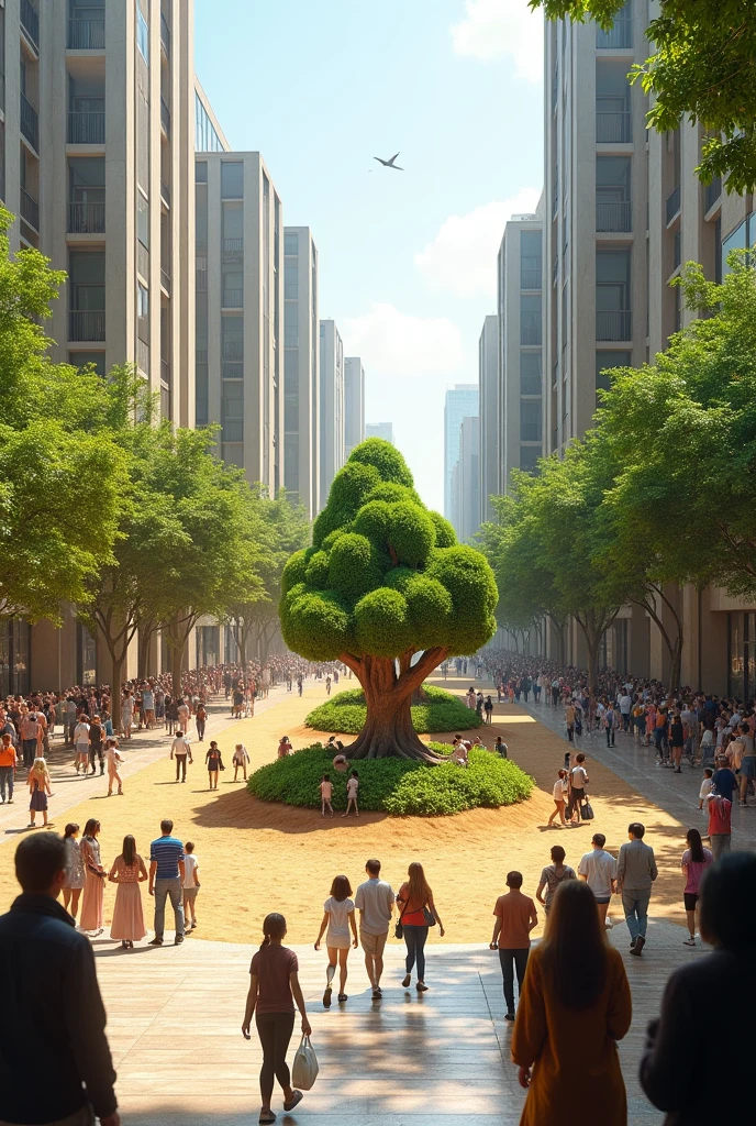 Plaza with passersby viewing a piece of arid land that has avocado trees