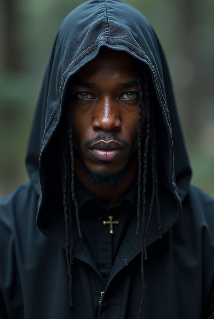 (photorealism:1.2)
Africa American male with long straight hair with light blue eyes. He has on the Grim Reaper’s attire on and the aesthetic is anachronism and dark.