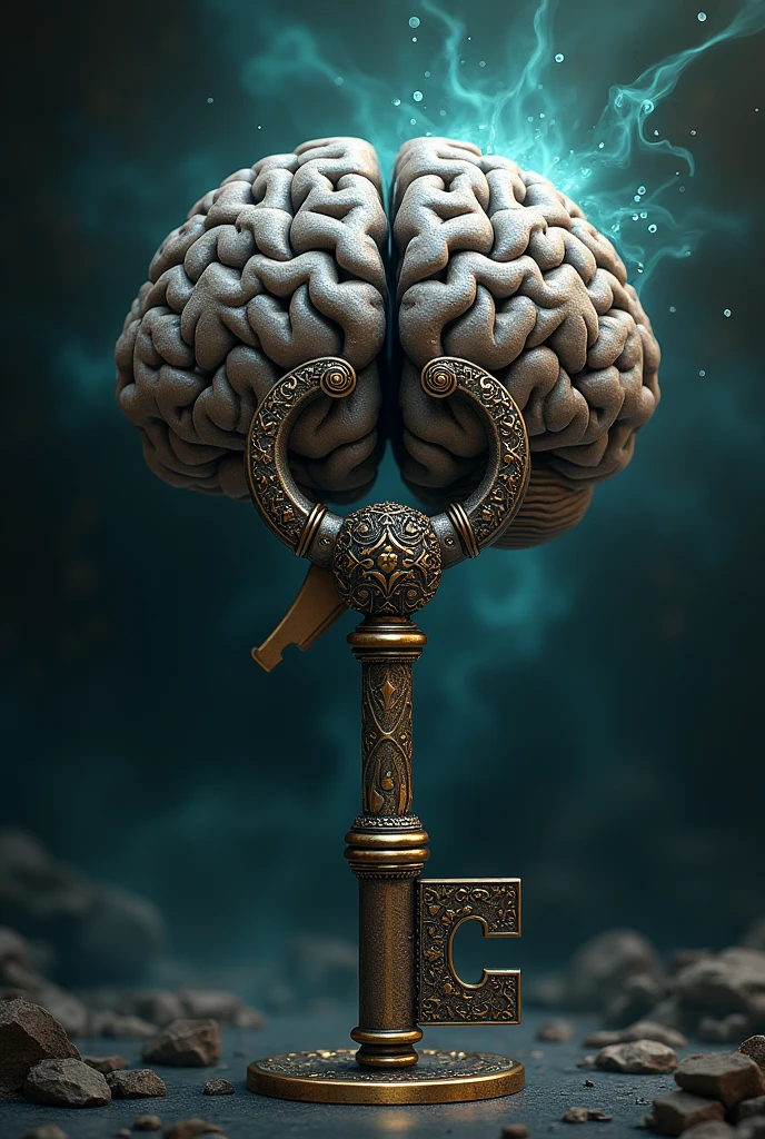 a key, partially inserted into a brain-shaped lock, opening the secrets of the mind