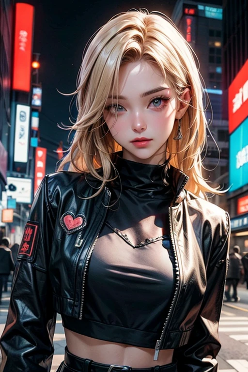 (masterpiece, Highest quality, Very detailed, Beautiful details in the eyes, Clean and delicate face), Ultra-realistic, 1 person, alone, Upper Body, Blonde long hair, He is wearing a black leather jacket with intricate and beautiful embroidery., Heart tattoo on left eye, Seducing the viewer with captivating eyes, Beautiful Art Ultra HD 8K, 8KのVery detailedデジタルアート,cyber punk,Neon Background,Shinjuku