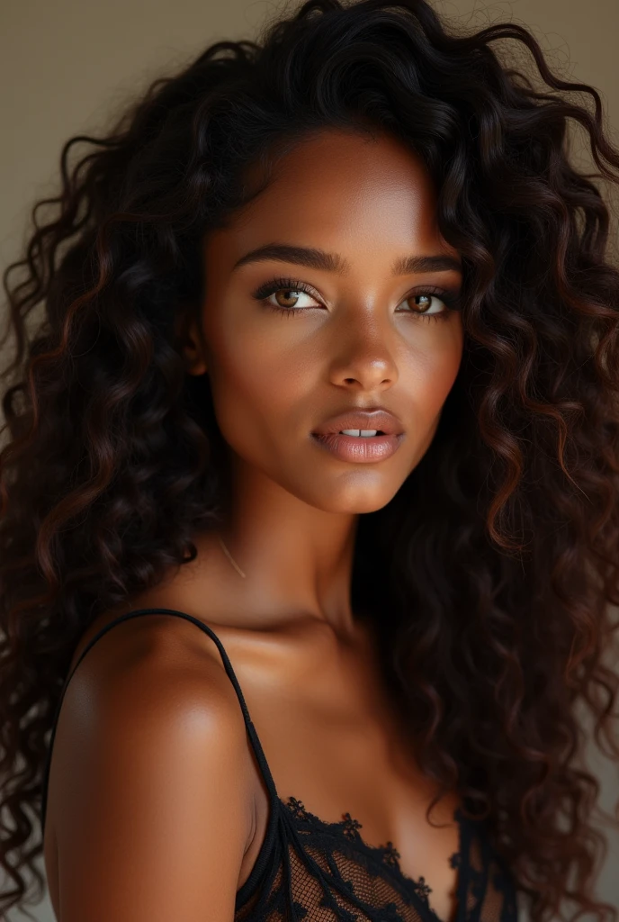 23 year old black female model, long brown curly hair, amber eyes, photo realist