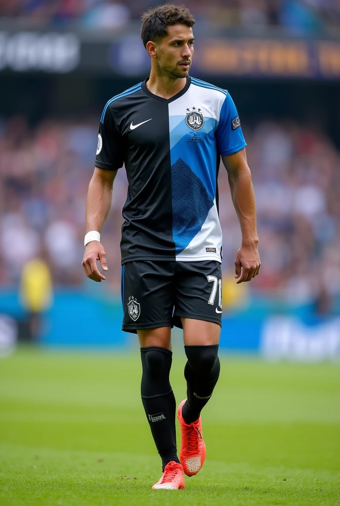 Design me a soccer uniform with black colors, White and blue 