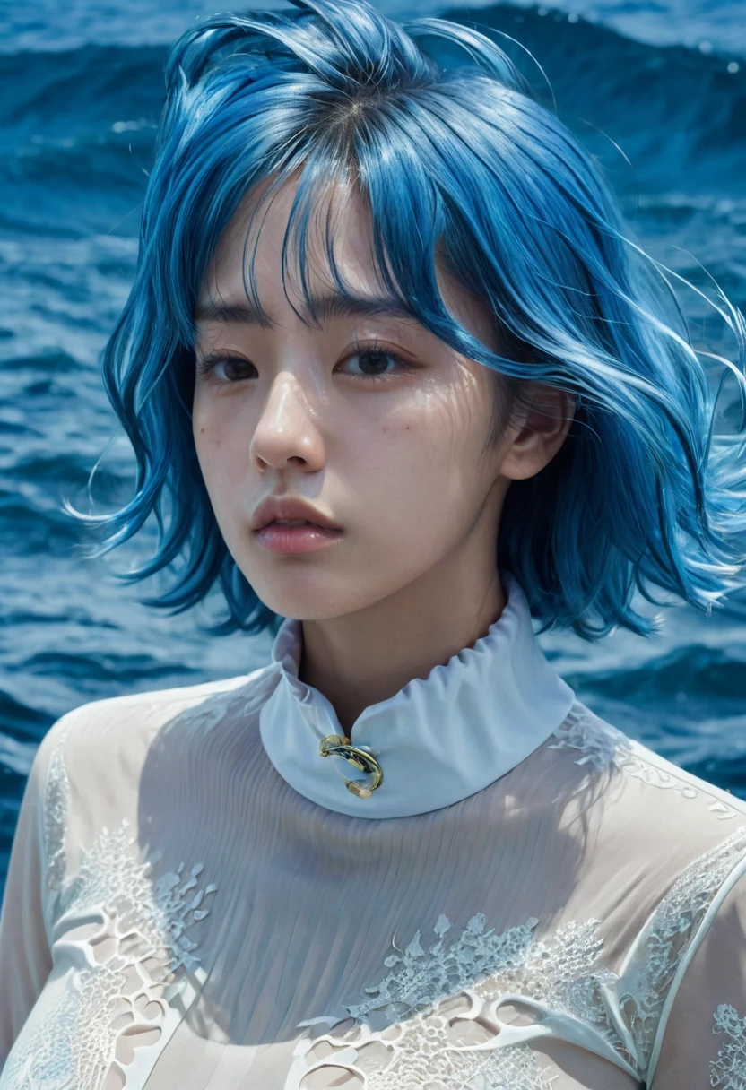 8k, One person, High collar, nice, (Fractal Art 1.8), Pouting, Young people, Blue Hair, Deep in the ocean, nice, dynamic, Visual impact, Put your hands in your pockets, (Lens Wave 1.5)