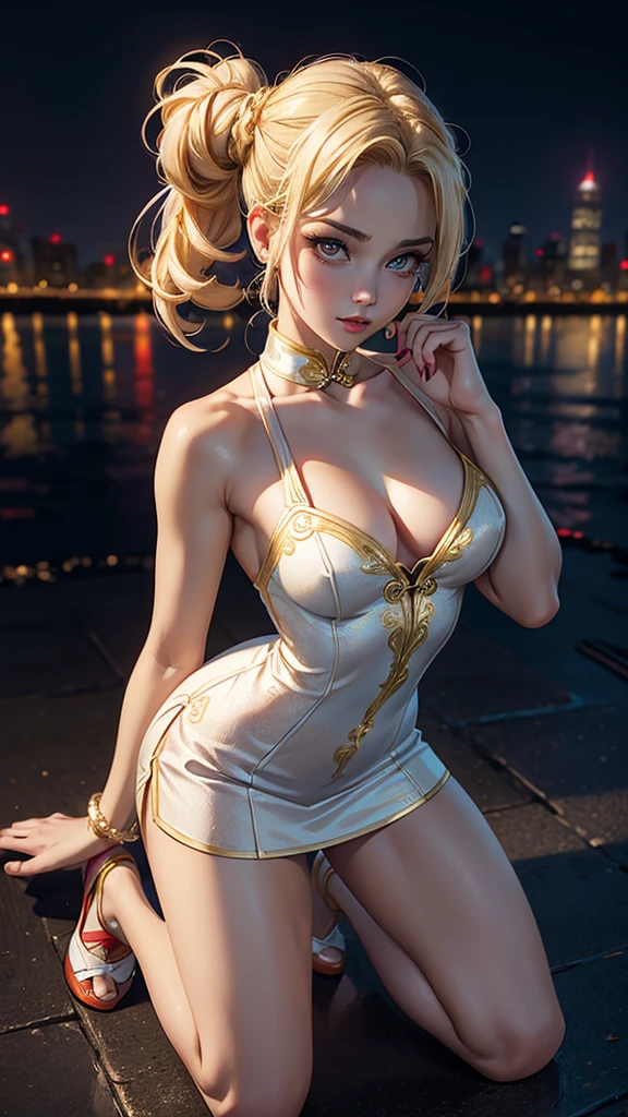 (Masterpiece, 4k resolution, ultra realistic, very detailed), 1girl, solo, Choco-sensei Hololive, adjusting swimsuit,pov crotch, [ ((25 years), (short blond hair: 1.2), full body, (blue eyes: 1.2) (cityscape, at night, dynamic lights), (full moon))]