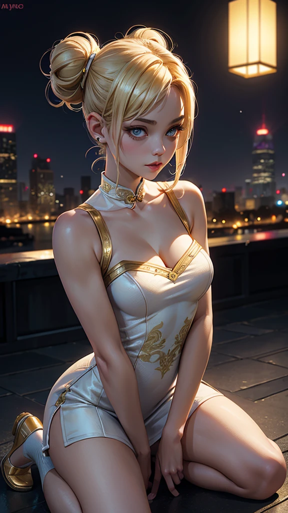 Pose: 1solo girl, young girl, perfect body standing with her head slightly tilted down, eyes softly gazing downward, and hands gently touching her face
Expression: Serene and content, with a soft, peaceful smile or a relaxed, closed-eye expression.
Attire: a white and gold short cheongsam
Hair: blonde bun hairstyle 
Makeup: Natural and glowing, with soft tones that enhance her features without being overpowering.
Background: , cityscape at night 
Lighting: Soft, natural light, preferably during golden hour, to create a warm glow and emphasize the stretch and movement.
Accessories: Minimal or none, allowing the focus to remain on the pose and the sense of  it conveys.
Props: Optional, such as a light fabric or shawl that flows with the stretch, adding movement to the image.
Mood: Calm, free, and rejuvenated