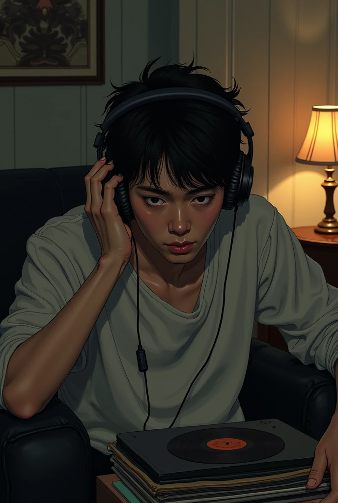 A cute sad man listening to music