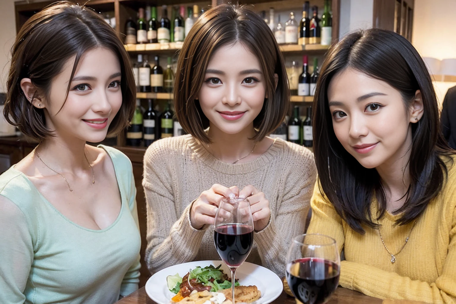 (Realistic:1.1),(masterpiece,Highest quality),8k,(49 years old), 53 years old, ベリーslimボディ、slimカップル、Tight waist,Upper Body,full-course dinner、wine 、Amazing view of the sunset sky and clouds、Perfect Anatomy, Brown Hair, short hair,Random Hairstyles,((Highly detailed face and eyes:1.2)),Perfect golden ratio face,Long sleeve shirt、dress,(smile:1.2)、Shortcuts、cute、(Realistic, Intricate details:1.2), A bright smile、short hair,Bright Face、赤wine 、Appetizers、Italian food、wine bottle、Champagne、スパークリングwine、(slimな顔), (The body is slim), (Brown Hair), (Shortcuts), Upper Body, 白wine, slim, wineグラス,