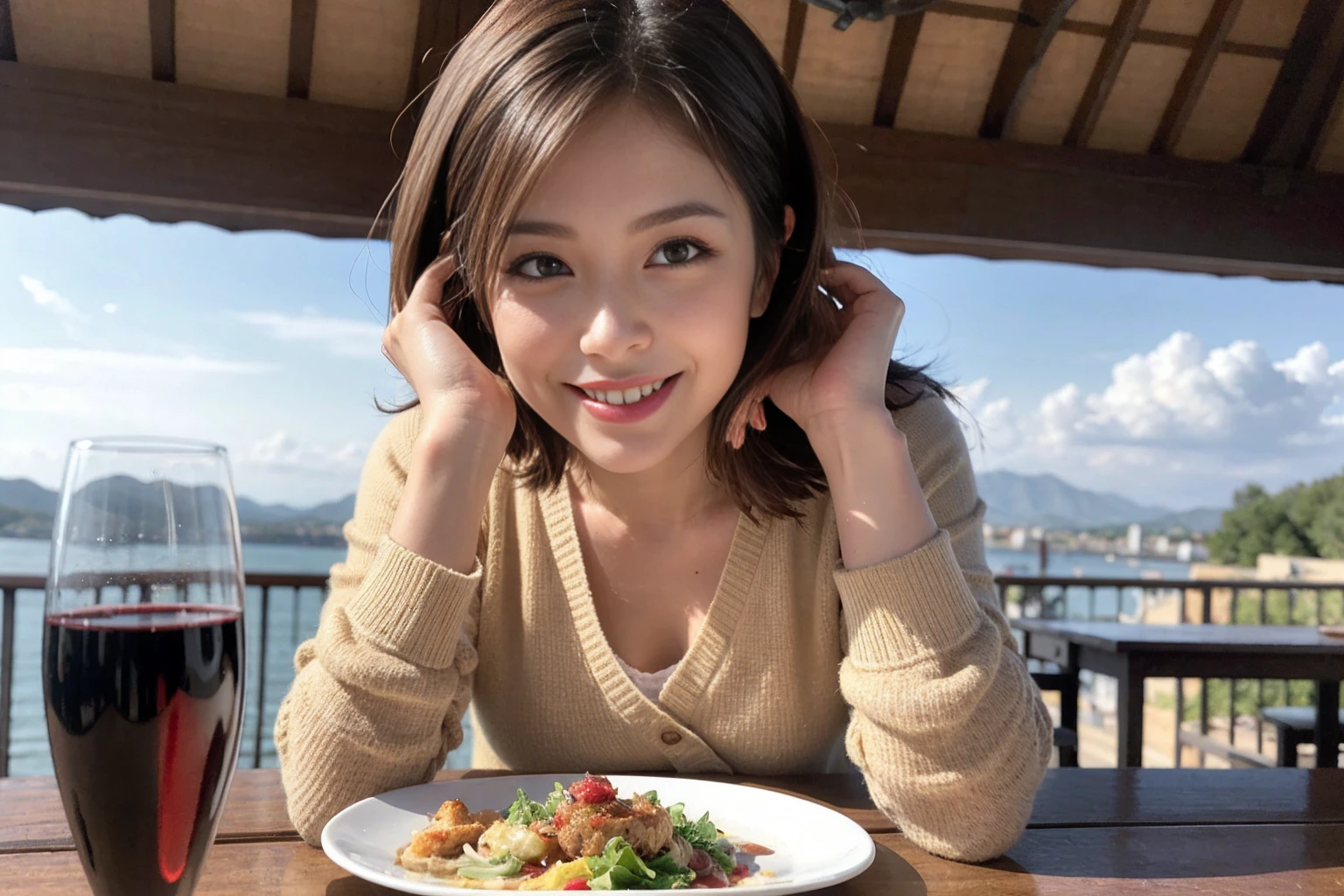 （Realistic:1.1）,(masterpiece,Highest quality)，8k,(49 years old), 53 years old, ベリーslimボディ、slimカップル、Tight waist,Upper Body,full-course dinner、wine 、Amazing view of the sunset sky and clouds、Perfect Anatomy, Brown Hair, short hair,Random Hairstyles,((Highly detailed face and eyes:1.2))，Perfect golden ratio face，Long sleeve shirt、dress,(smile:1.2)、Shortcuts、cute、(Realistic, Intricate details:1.2), A bright smile、short hair,Bright Face、赤wine 、Appetizers、Italian food、wine bottle、Champagne、スパークリングwine、(slimな顔), (The body is slim), (Brown Hair), (Shortcuts),  Upper Body, 白wine, slim, wineグラス, 