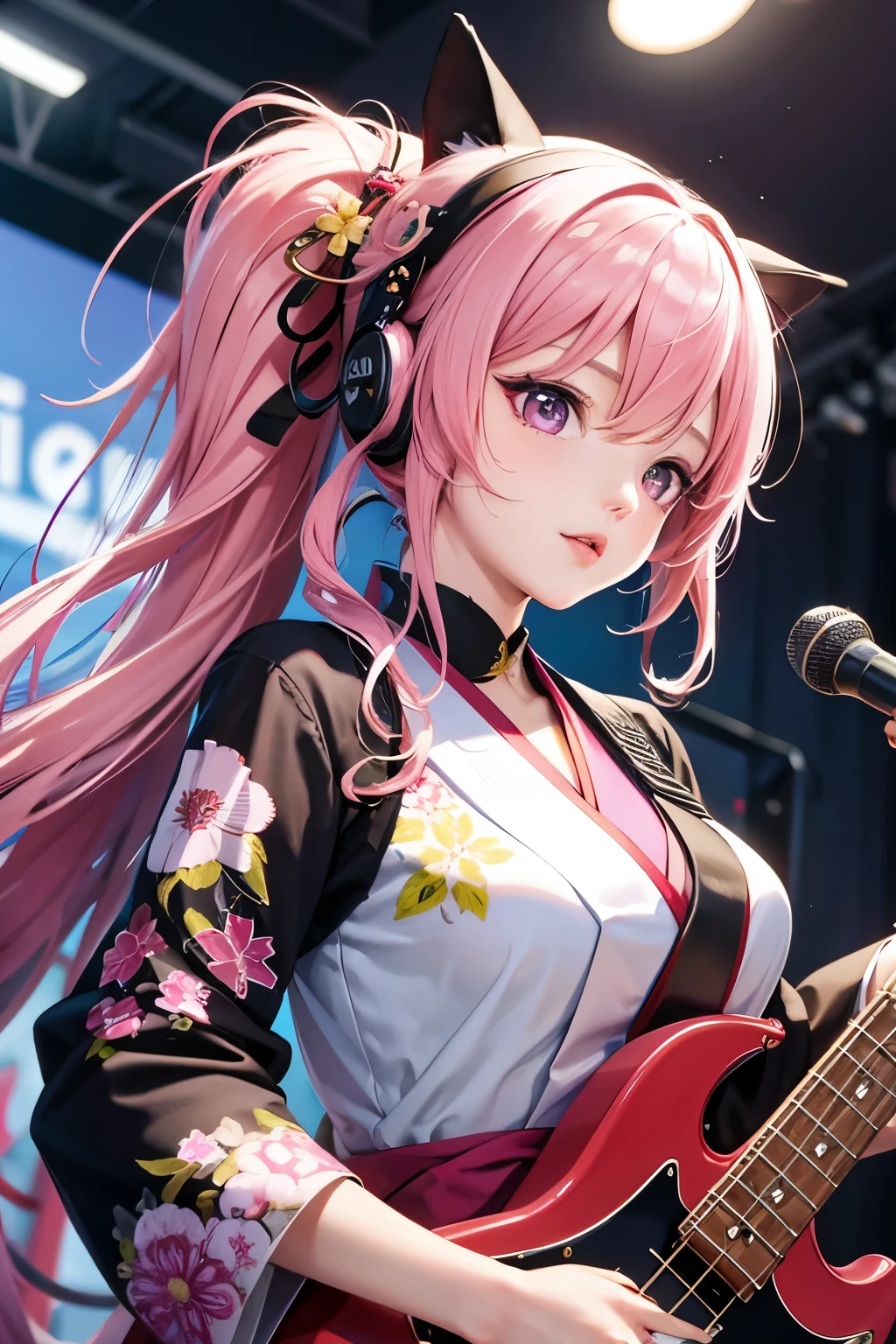 masterpiece, best quality, very detailed, high resolution, expensive resolution, high resolution, 4K, 8k, Unity 8k wallpaper, highly detailed CG, masterpiece, 2D, 3D, beautiful details, depth, fine texture, best quality: 1.3, perfect focus, crispy skin, he,
Very cute anime girl, girl playing Bass guitar vocals in a band wearing a Japanese fancy floral haori hakama, on outdoor stage, full body, expensive pink twin tail hair, mole under eye, looking at the viewer, expensive, blush, mole, lips open, , heart choker, pink eyes, guitar vocals, stage、Full body of an anime girl with pink twin-tailed hair wearing a Japanese kimono and playing a bass guitar on stage at a cyberpunk festival