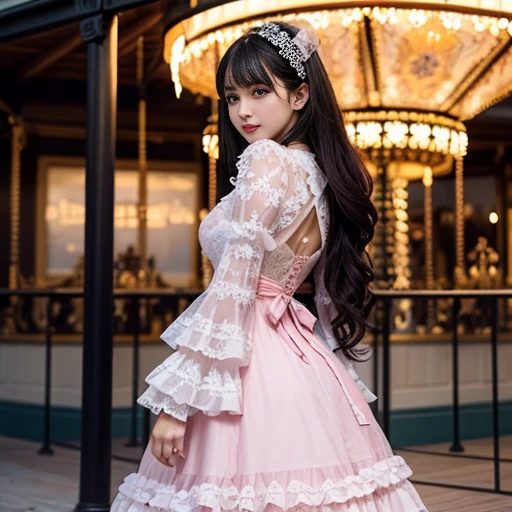 daytime,Side shot,In front of the amusement park carousel, There are many carousels,best quality, Delicate face,beautiful visual work, lifelike, eternity, black hair, Long curly hair, blunt bangs, Smile, Detailed Background, Delicate face,pink blush,cold,((masterpiece))、(top quality)、8k、high detail、Super detailed,31 years old female,Wearing lolita dress、Seductive and whimsical style、masterpiece、born、Scenes resembling fairy tale illustrations、Intricate details and complex designs、Beautifully、magic、capricious、 Beautifully、Dream aesthetics、「𝓡𝓸𝓶𝓪𝓷𝓽𝓲𝓬、ethereal、charming、fickle、magic」、Realism、Visual effects、FXAA、SSAO、Shaders、voiceless、ambient lighting、Tone mapping、High resolution、Ultra high quality、Million pixels、(8K resolution:1.10)、8k、Below 8K、8K resolution、high detail、intricate details, (high quality:1.2、masterpiece:1.2、:1.21)、(31 years old female:1.21)、(Smile excitedly)、(Surrounded by the dreamy atmosphere、Model diagram,full-body shot,Normal 2 feet,Don't show your fingers,pink dress, lots of lace,layered dress, Long sleeve,Puff sleeves,Transparent sleeves,Bow at the back of the waist, Skirt length to calf, cupcake dress, Layered skirt with lace on each layer, Wear a LOLITA dress, layered dress, Pink lolita skirt, lots of lace, Long sleeve, Wide sleeves, Big skirt, layered lace skirt, Puff sleeves, Wide sleeves, Transparent sleeves子, intricate details showcase the ruffles and intricate designs of the Lolita dress, Wearing a lolita dress, Bow at the back of the waist, Skirt length to calf, cupcake dress, Layered skirt with lace on each layer, Wear a LOLITA dress, layered dress, Pink lolita skirt, lots of lace, Long sleeve, Wide sleeves, Big skirt, layered lace skirt, Puff sleeves, Wide sleeves, Transparent sleeves子, intricate details showcase the ruffles and intricate designs of the Lolita dress, Wearing a lolita dress,