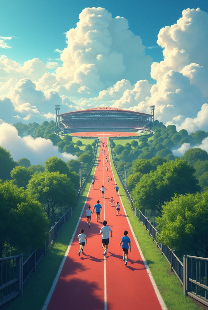 Long lane and boys running upper view from height of cloud also adding on stadium