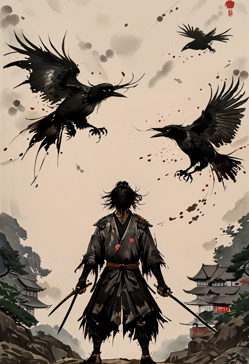Japanese Samurai横からの全景 大きなJapanese swordを持ち遠くを見ている A few crows are flying Crows are the samurai's allies pale colour Ink Painting Like overlapping Japanese Samurai Japanese sword dusk