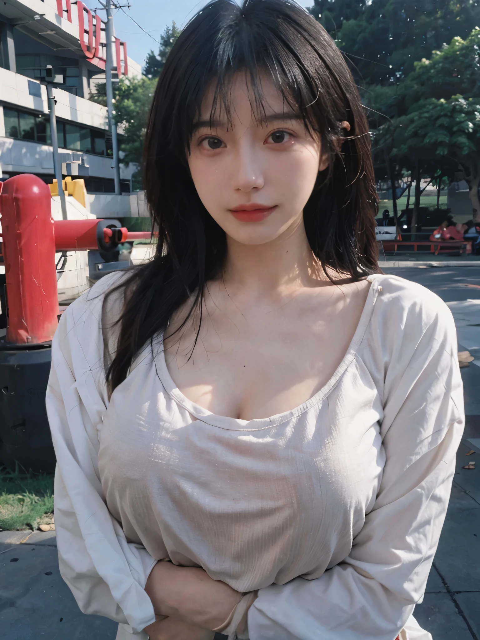 Best Quality, Masterpiece, Ultra High Resolution, (Realistic: 1.4), 1 Girl, Sexy, (Campus: 1.2), (Big Breast: 1.3), (Upper Body: 1.4)