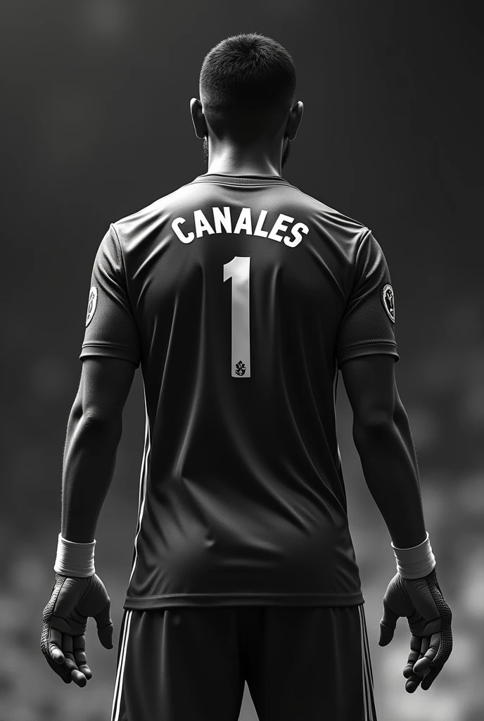 Image with a black and white background and a goalkeeper with his back turned wearing a shirt with Canales&#39; name number 1 