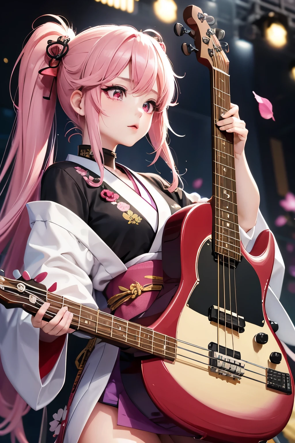 masterpiece, best quality, very detailed, high resolution, expensive resolution, high resolution, 4K, 8k, Unity 8k wallpaper, highly detailed CG, masterpiece, 2D, 3D, beautiful details, depth, fine texture, best quality: 1.3, perfect focus, crispy skin, he,
Very cute anime girl, girl playing baseguitar vocals in a band wearing a Japanese fancy floral haori hakama, on outdoor stage, full body, expensive pink twin tail hair, mole under eye, looking at the viewer, expensive, blush, mole, lips open, , heart choker, pink eyes, guitar vocals, stage,Full body of an anime girl with pink twin-tailed hair wearing a Japanese kimono and playing a bass guitar on stage at a cyberpunk festival