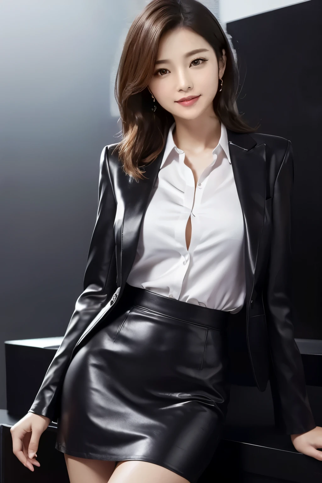 masterpiece、Highest quality、High resolution、Realistic、Beautiful Skin、Slim style、Long short hair、Full Body Shot、formal,Crimson、 business suit、Leather tight skirt、Satin silk blouse