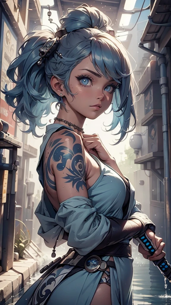jedi, lightsaber, fair robes, flegs, foreigner, curvey, Seriously, lightsaber azul, (best qualityer)+, work of art+Blue hair length to mid back, with a necklace and a blue and white dress, a halo of water over the head, visible scales on the body and face, NSFW,ultra-realistic skin,pose, pose,template sheet, 3D style, sexly
