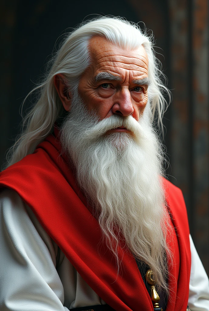 Make an old man with white and red hair and beard , with white clothes and a red badge