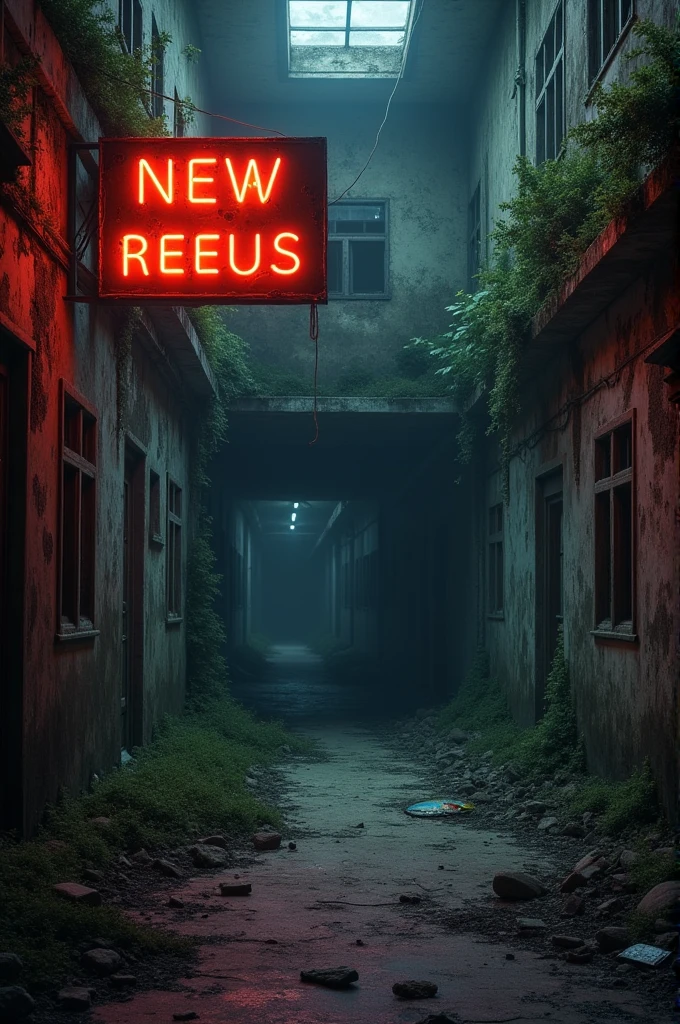 An abandoned place with a sign that is lit on the outside 