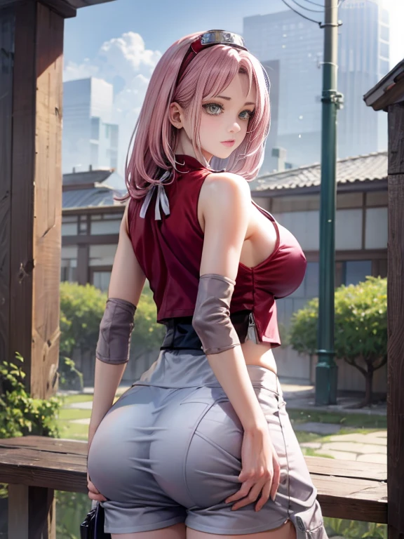 Sakura from Naruto with a big ass, in a pair of tight black shorts, with bows all over the torso, in a submissive pose.
