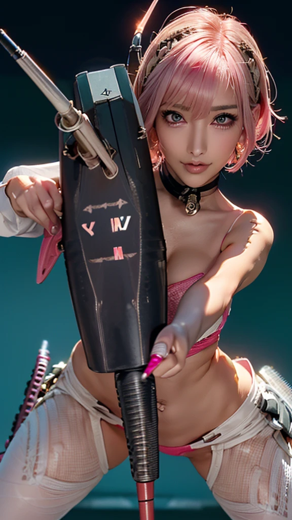 (Highest quality), Realistic, (live-action),(Short Hair,Sharp bangs)Highest quality,Highest quality,8k images,Pink Hair,High heels,Small face,((Big Breasts))Leg spread、1 gun,(((Point the tip of your gun towards the camera:1.6))),Highest quality32K