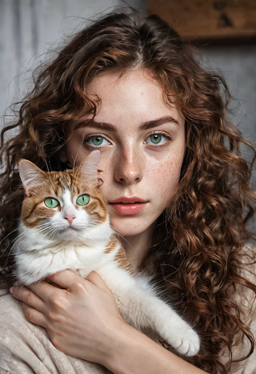 A 25-year-old woman with the following characteristics: big green eyes, thin eyebrows, Brown hair, long and curly, thin nose with freckles, lips a little thick, White skin, medium build, She is accompanied by her cat
