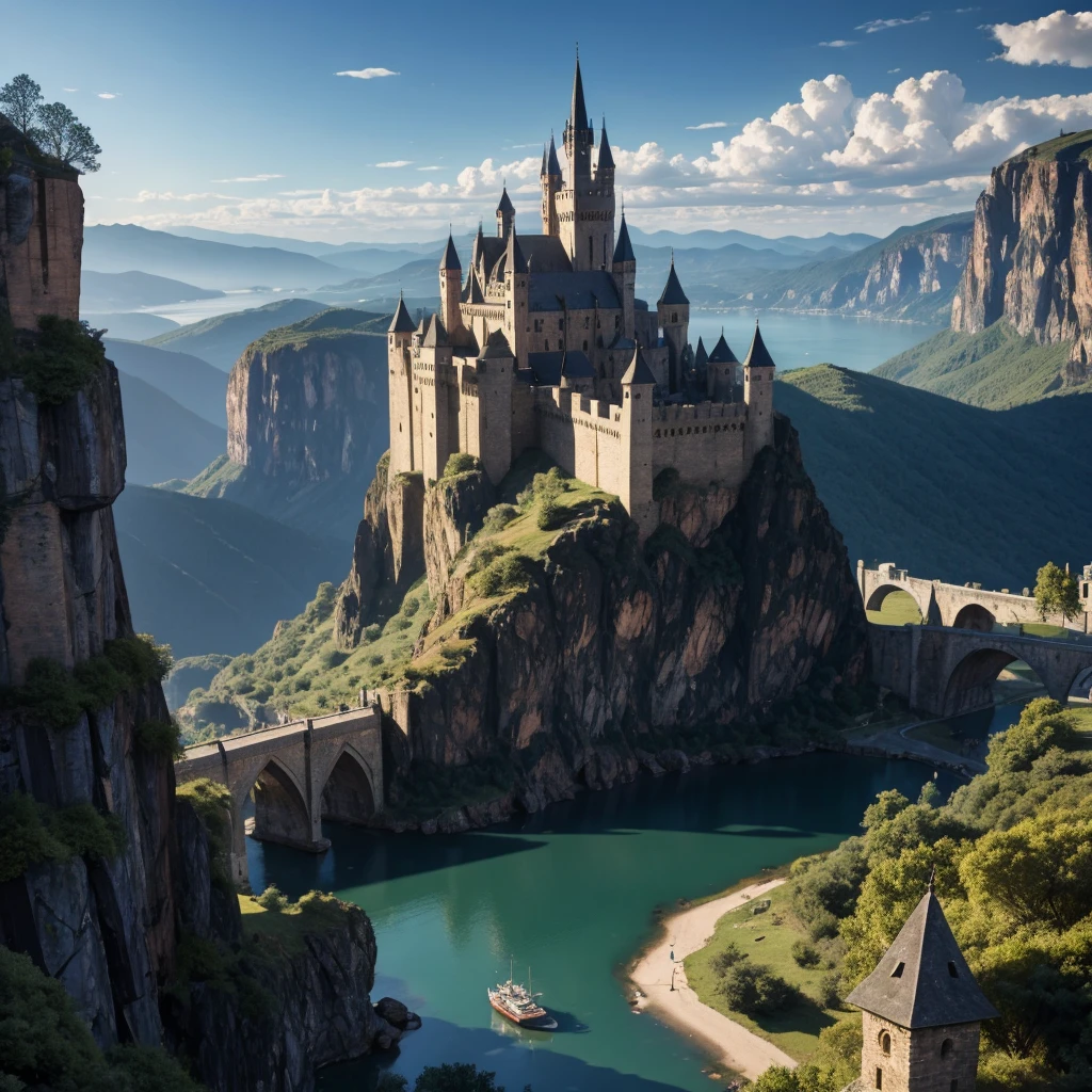 A walled medieval city in a plain, towering mountains behind the city, lush forests on the sides, a massive stone gate with a grand bridge in front, a serene lake on one side, detailed medieval stone houses, (best quality,4k,8k,highres,masterpiece:1.2),ultra-detailed,(realistic,photorealistic,photo-realistic:1.37),detailed architecture,intricate stone carvings,dramatic lighting,vibrant colors,cinematic composition,sweeping landscape