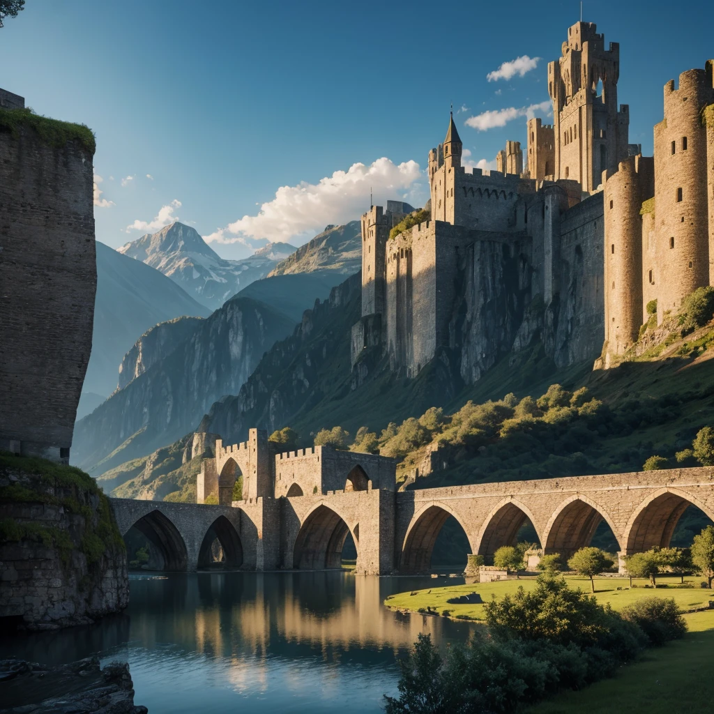 A walled medieval city in a plain, towering mountains behind the city, lush forests on the sides, a massive stone gate with a grand bridge in front, a serene lake on one side, detailed medieval stone houses, (best quality,4k,8k,highres,masterpiece:1.2),ultra-detailed,(realistic,photorealistic,photo-realistic:1.37),detailed architecture,intricate stone carvings,dramatic lighting,vibrant colors,cinematic composition,sweeping landscape