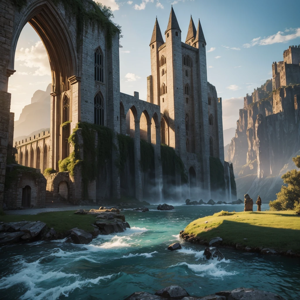 A walled medieval city in a plain, towering mountains behind the city, lush forests on the sides, a massive stone gate with a grand bridge in front, a serene lake on one side, detailed medieval stone houses, (best quality,4k,8k,highres,masterpiece:1.2),ultra-detailed,(realistic,photorealistic,photo-realistic:1.37),detailed architecture,intricate stone carvings,dramatic lighting,vibrant colors,cinematic composition,sweeping landscape