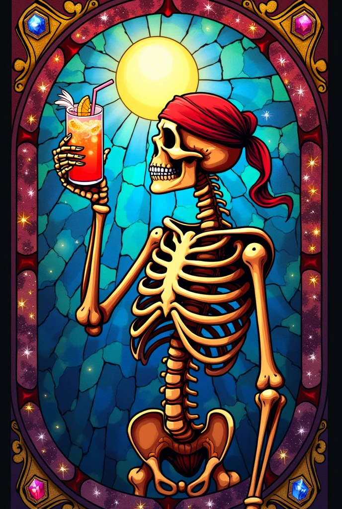 Stunning Stained Glass composition of half Skeleton girl with bandana on her head drinks cocktail from glass with straw, colorful, gold accents, gems.