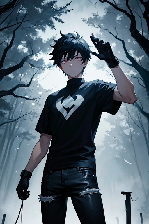 Teen boy, darkness, black hand, gloves , t-shirt, black jeans, poker face, died tree background, anime characters, male anime, focus anime, hero academia, scary hand, night darkness, raining, monster hand, have power to absorb the elements of life, darkness hand,